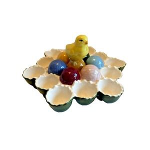 12 Colorful Egg Holder Vtg Ceramic‎ Green Rim Chick Easter Spring Centerpiece